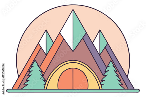 Stylized Mountain Landscape with Tent and Pine Trees Flat Design camping mountains