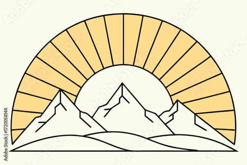 Stylized mountain range with sunburst in geometric art deco style mountains sunrise