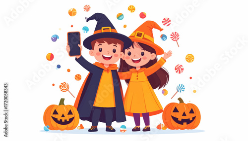 Halloween Fun Kids in Costume Taking a Selfie with Pumpkins and Candy