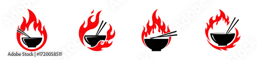 4 variations of a black and red logo of a bowl with chopsticks and flame