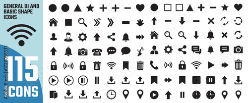 Collection of 115 diverse black and white vector icons representing communication symbols technology and common graphic elements for digital design