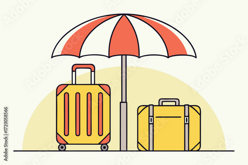Travel Luggage Protected Under a Striped Umbrella Illustration suitcase