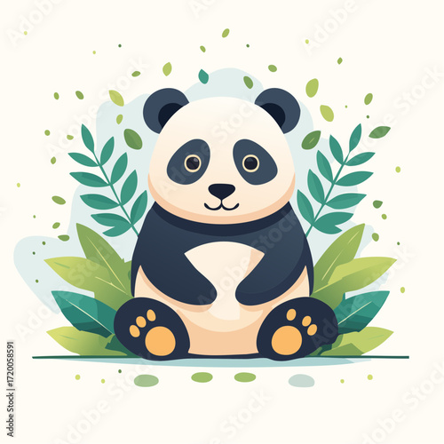 Cute cartoon panda illustration, sitting calmly with green leaves, symbolizing peace and nature. Ideal for children's themes and eco-conscious designs