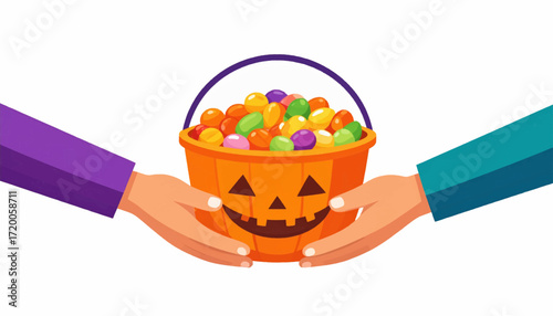 A pair of hands offering or receiving a vibrant orange bucket overflowing with an assortment of colorful Halloween candies, perfect for trick-or-treat festivities