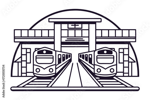Two Modern Trains Arriving At A Stylized Station Entrance transportation travel