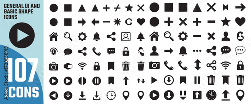Collection of 100 solid black and white icons representing a wide variety of digital symbols and actions for web and app design