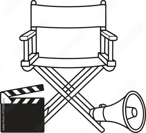 Director s chair with clapperboard and megaphone on white background