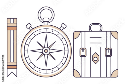 Vintage Travel Icons: Compass, Ribbon, and Suitcase vector illustration