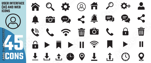 Collection of 45 essential flat design vector icons for user interface and web design applications including navigation settings and media controls