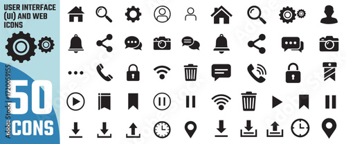 Collection of 50 essential modern flat design icons for web and mobile applications representing various functions and actions