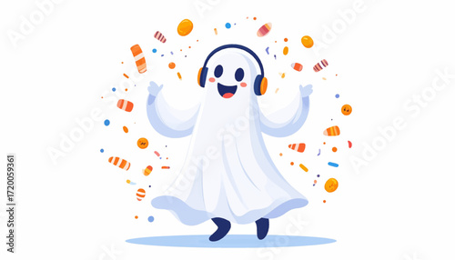 Happy Halloween Ghost with Headphones Enjoying Festive Music