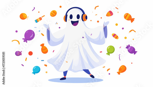 A whimsical, friendly ghost character wearing headphones, joyfully dancing amidst colorful confetti and sweet candies, celebrating a vibrant party with music and fun