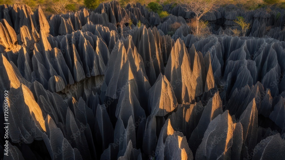 Obraz premium Stunning limestone formations at sunset cast dramatic shadows revealing otherworldly jagged peaks bathed in warm golden light