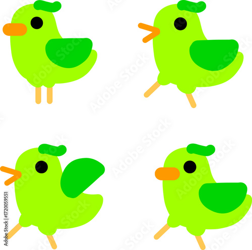 Stylized pattern featuring cute parrots in various poses with small rounded beaks