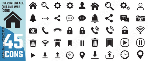 Collection of 45 modern flat design icons for web and mobile applications representing various functions and features