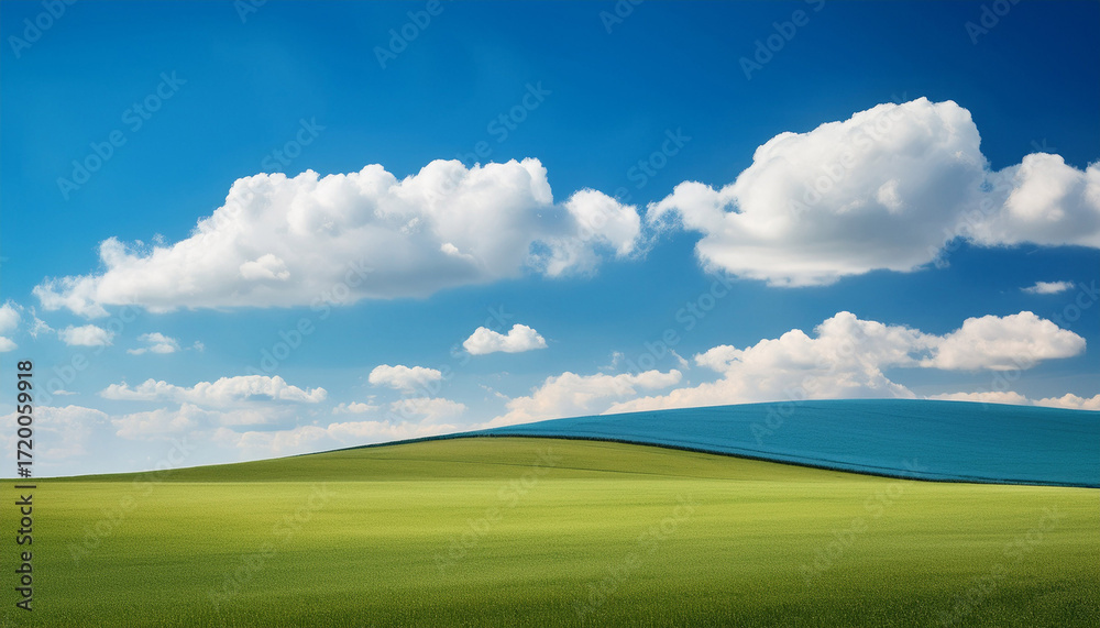 Fototapeta premium A Minimalist Landscape Painting Features A Blue Sky With Puffy White Clouds Above A Green And Blue Field