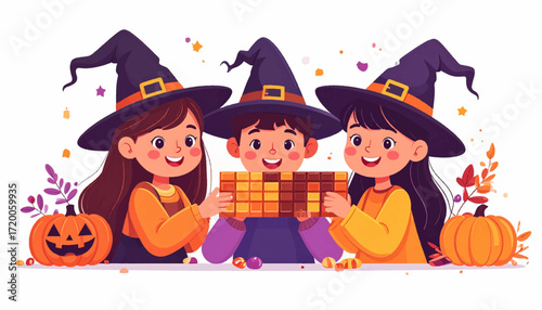 Three cheerful girls dressed as witches, preparing treats and enjoying Halloween together