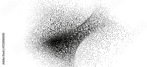 This abstract image showcases a captivating swirl of densely packed, irregular black dots on a stark white background, creating a mesmerizing visual texture with depth and motion