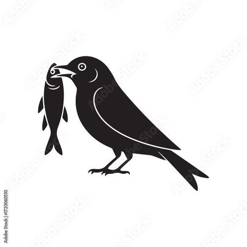 Vector art of silhouette of a bird carrying a fish in its beak, representing nature, wildlife, and the food chain