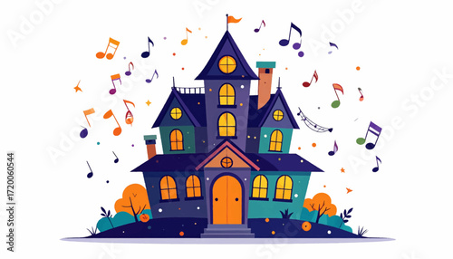 Spooky Halloween haunted mansion concept with bats and pumpkins in an autumn setting surrounded by festive music notes