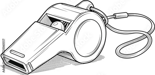 Black and white line art of a whistle with a lanyard, sport