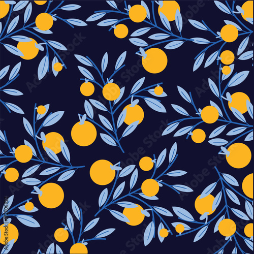 Seamless Fruit Pattern with Oranges and Blue Leaves on Dark Background