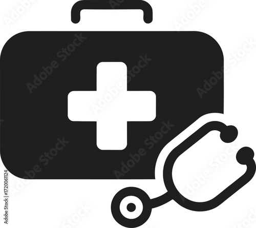 Medical first aid kit and stethoscope icon symbol for healthcare and emergency services
