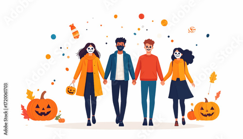 Happy Halloween! Diverse friends celebrate together in festive costumes