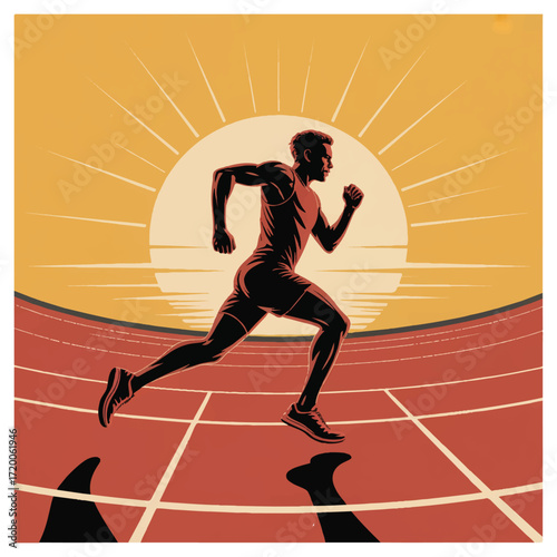 Vector art of silhouette of runner sprinting on track during sunset, symbolizing determination and athletic performance in competitive sport event