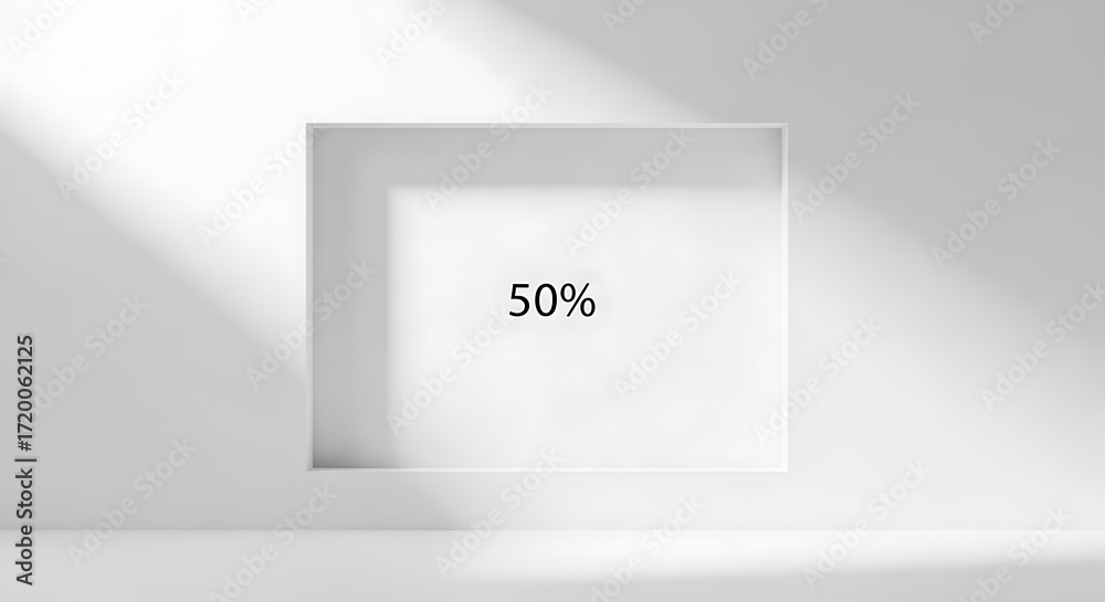 Obraz premium Minimalist White Room with a Framed 50 Discount Display and Natural Light