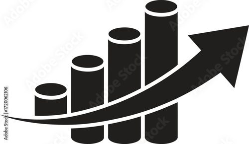 Black and white graphic of a rising bar chart with an upward trending arrow