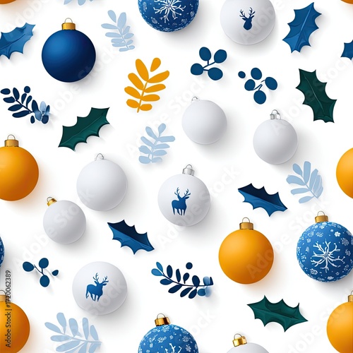 A vibrant arrangement of holiday decorations showcases red berries, soft cotton, gold ornaments, and green leaves, embodying festive cheer SEAMLESS PATTERN