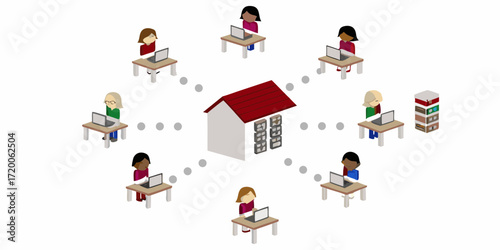 Diverse group of people working remotely from home connected to a central office building