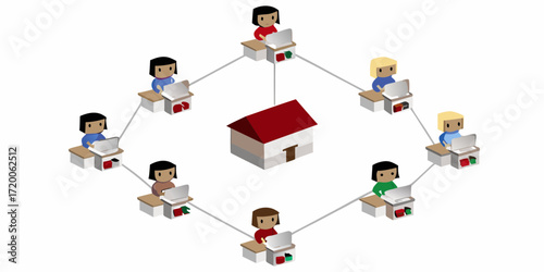 Remote workers connected to a central home office via a network of lines illustrating communication and collaboration