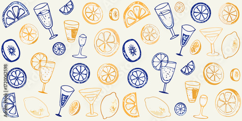 Hand drawn citrus fruits and refreshing drinks in a playful pattern