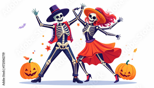 Festive Halloween Skeletons Dancing with Pumpkins A Spooky Celebration