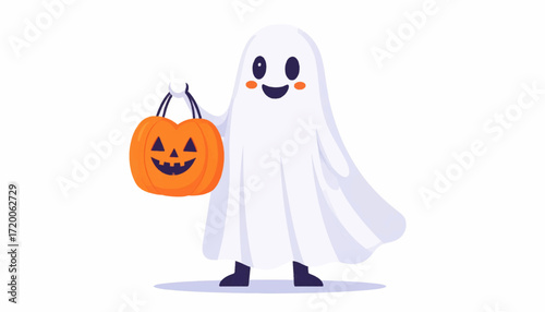 Adorable cartoon ghost character celebrating Halloween with a jack-o'-lantern basket for trick-or-treating fun