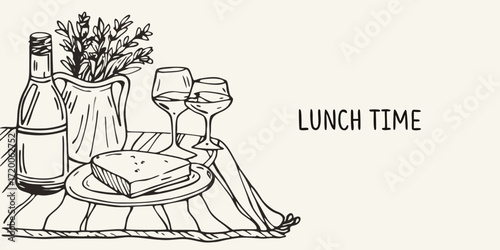 Simple hand drawn illustration of a bottle of wine cheese and two glasses of wine with the text lunch time