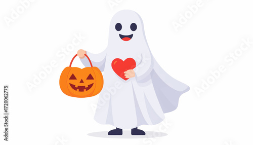 A Cute Ghost in Costume Carrying Pumpkin Basket on White Background