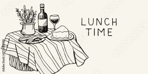 Hand drawn illustration of a delightful lunch setting with wine cake and a plant on a striped tablecloth