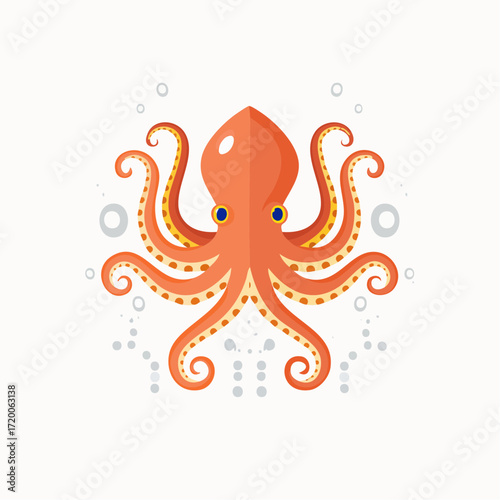 Vibrant Flat Design Illustration of an Orange Octopus with Curled Tentacles