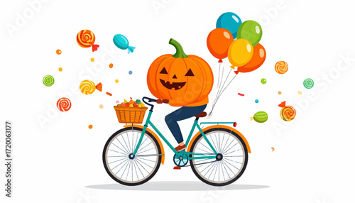 Whimsical cartoon Jack-o'-lantern character cheerfully riding a bicycle, carrying a basket of sweets and festive balloons for a Halloween celebration