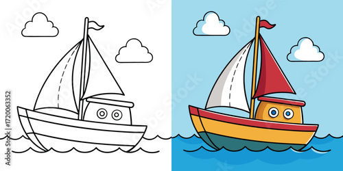 sailboat onwater  coloring page for kids. Vector cartoon character. Educational game. educational worksheets for kindergarten.