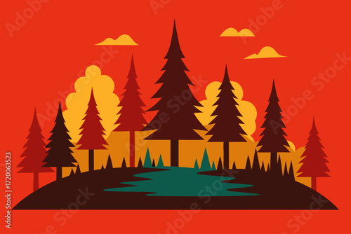 Stylized forest landscape with pine trees and a pond under a vibrant sunset sky