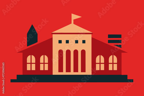 Stylized illustration of a building with arches and windows on a red background