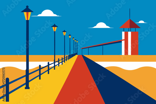 Stylized boardwalk with lampposts and a lifeguard tower on a sunny day