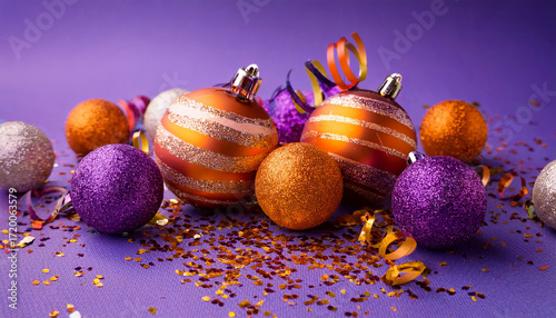 Orange And Purple Striped Baubles Surrounded By Glitter Confetti On Festive Purple Background Decorative Arrangement