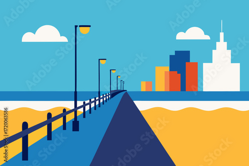 Modern cityscape with a pier and ocean view under a clear blue sky