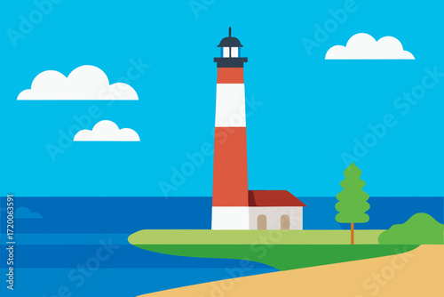 Flat design illustration of a coastal lighthouse with a sandy beach and blue ocean