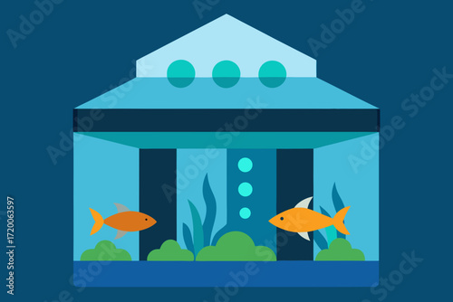 Two orange goldfish swimming in a modern aquarium with aquatic plants and bubbles